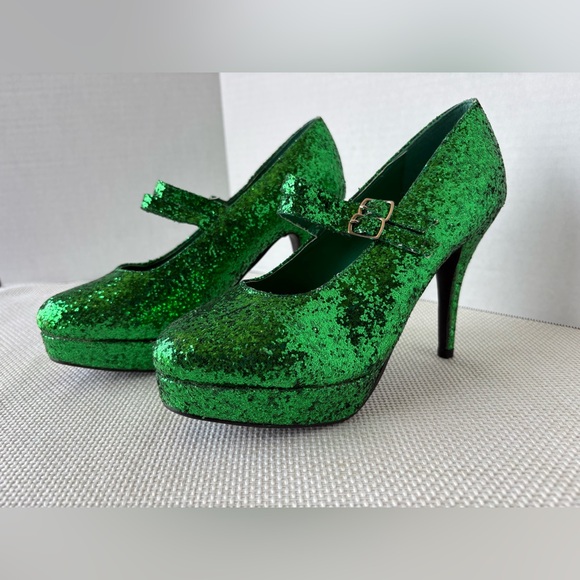 Ellie Green Glittery Size 9 Double Strap Mary Jane High Heels Platform - Picture 1 of 12
